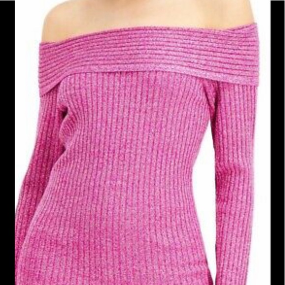 INC Womens Pink Glitter Long Sleeve Off Shoulder Party Sweater - Picture 1 of 1